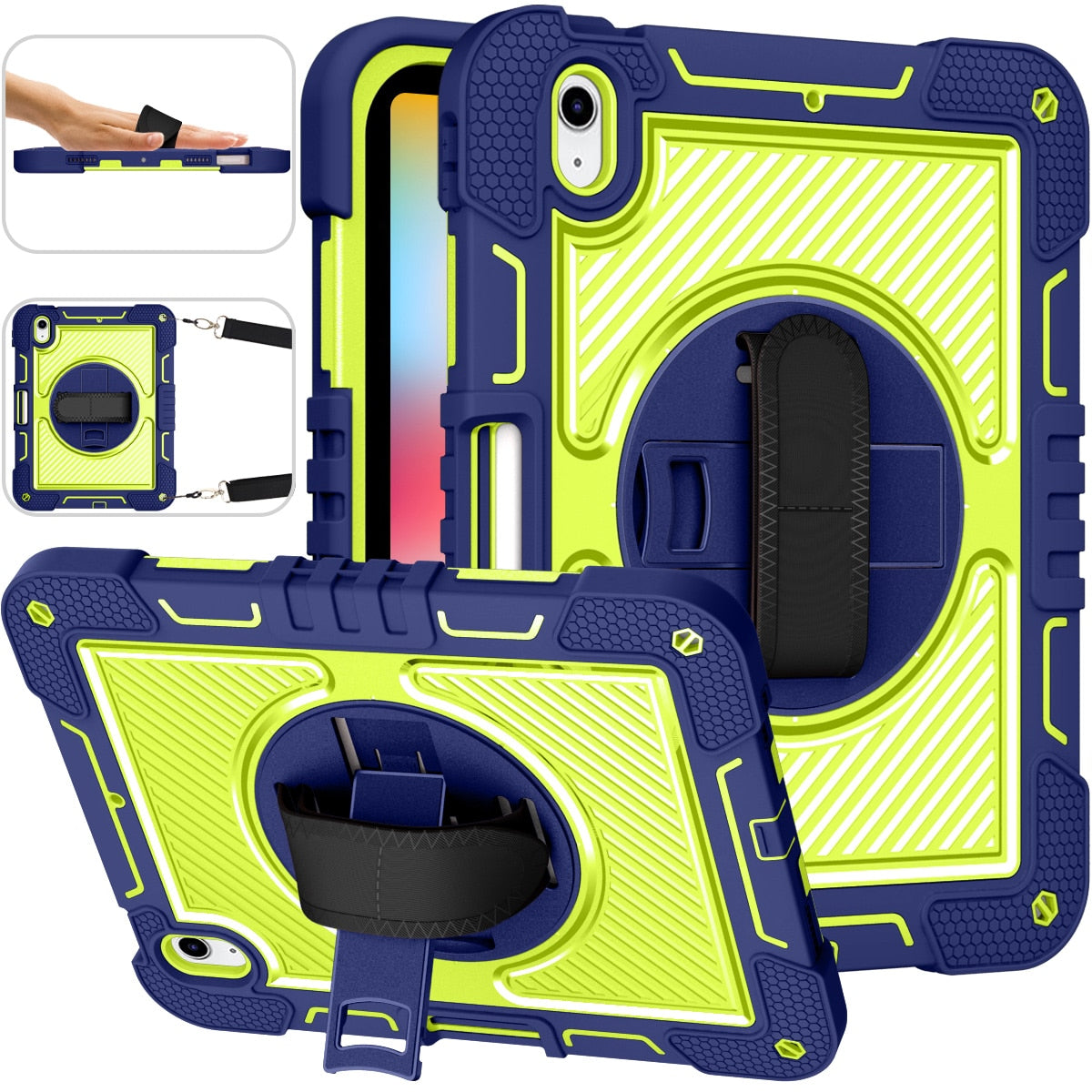 Heavy Duty Shockproof Case Cover for iPad 10th Generation Case 10.9 2022, with Pencil Holder/360 Rotation Stand/Hand Strap