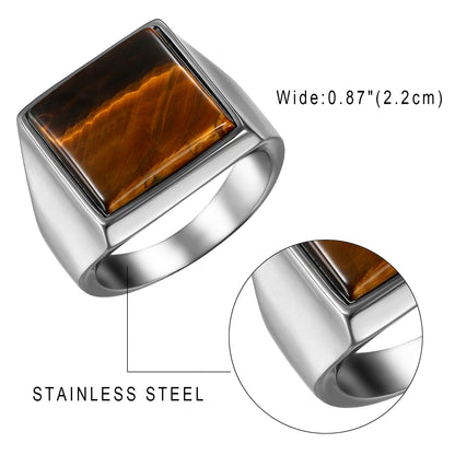 Classic Mens Ring Tiger Eye Natural Stone Stainless Steel Ring Mens Jewelry