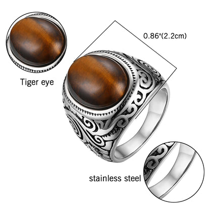 Classic Mens Ring Tiger Eye Natural Stone Stainless Steel Ring Mens Jewelry