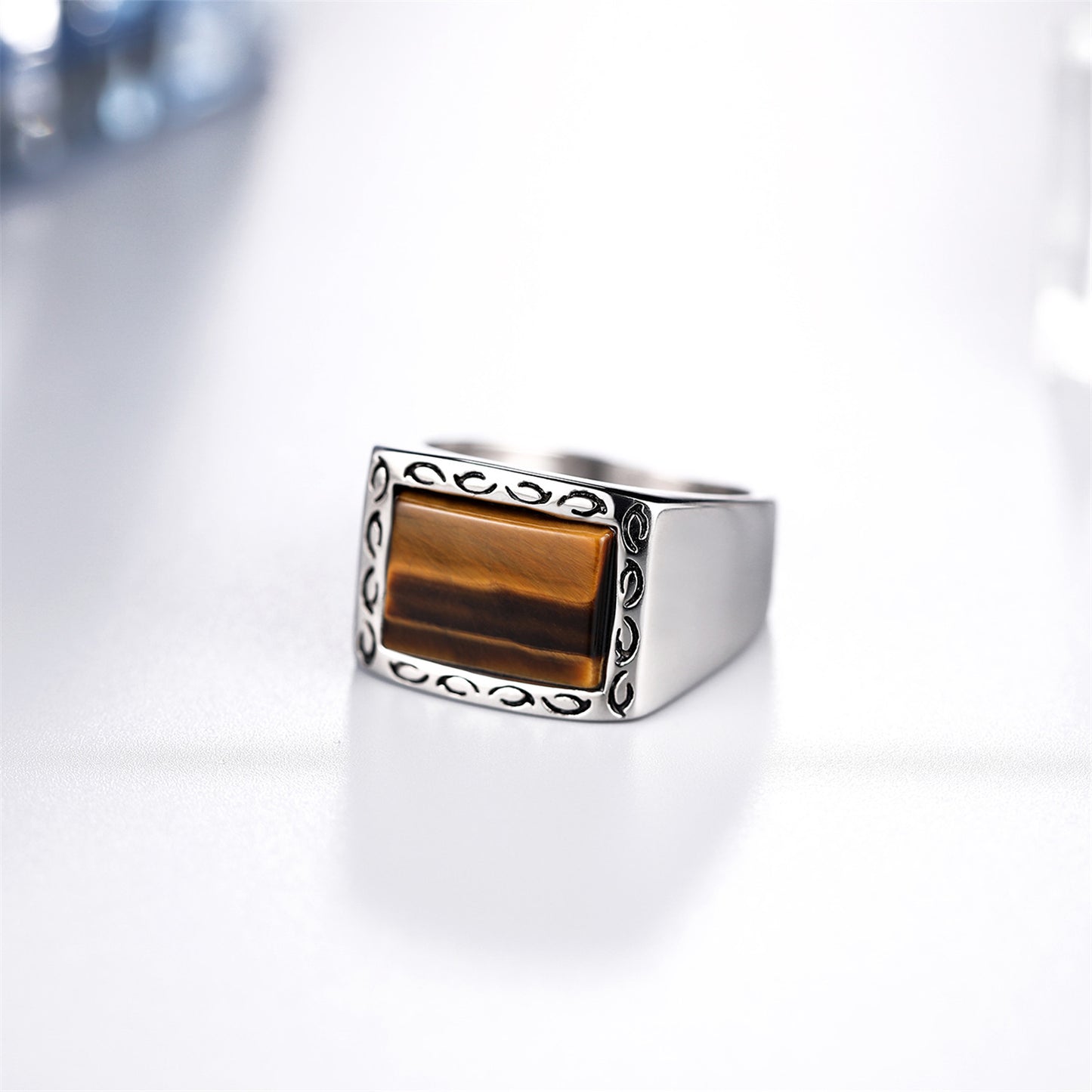 Classic Mens Ring Tiger Eye Natural Stone Stainless Steel Ring Mens Jewelry