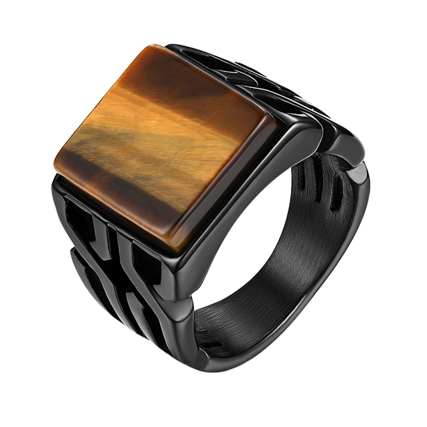 Classic Mens Ring Tiger Eye Natural Stone Stainless Steel Ring Mens Jewelry