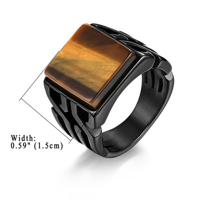 Classic Mens Ring Tiger Eye Natural Stone Stainless Steel Ring Mens Jewelry