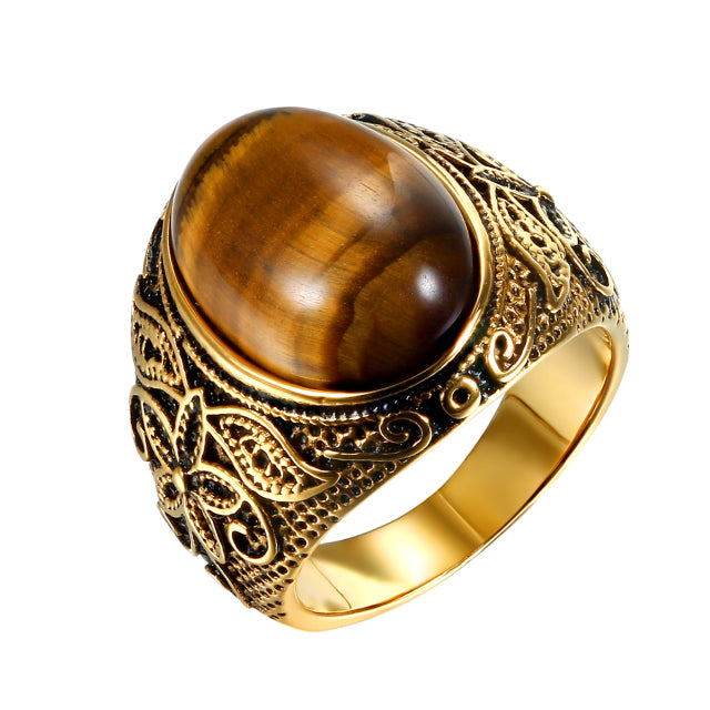 Classic Mens Ring Tiger Eye Natural Stone Stainless Steel Ring Mens Jewelry