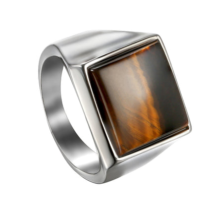 Classic Mens Ring Tiger Eye Natural Stone Stainless Steel Ring Mens Jewelry