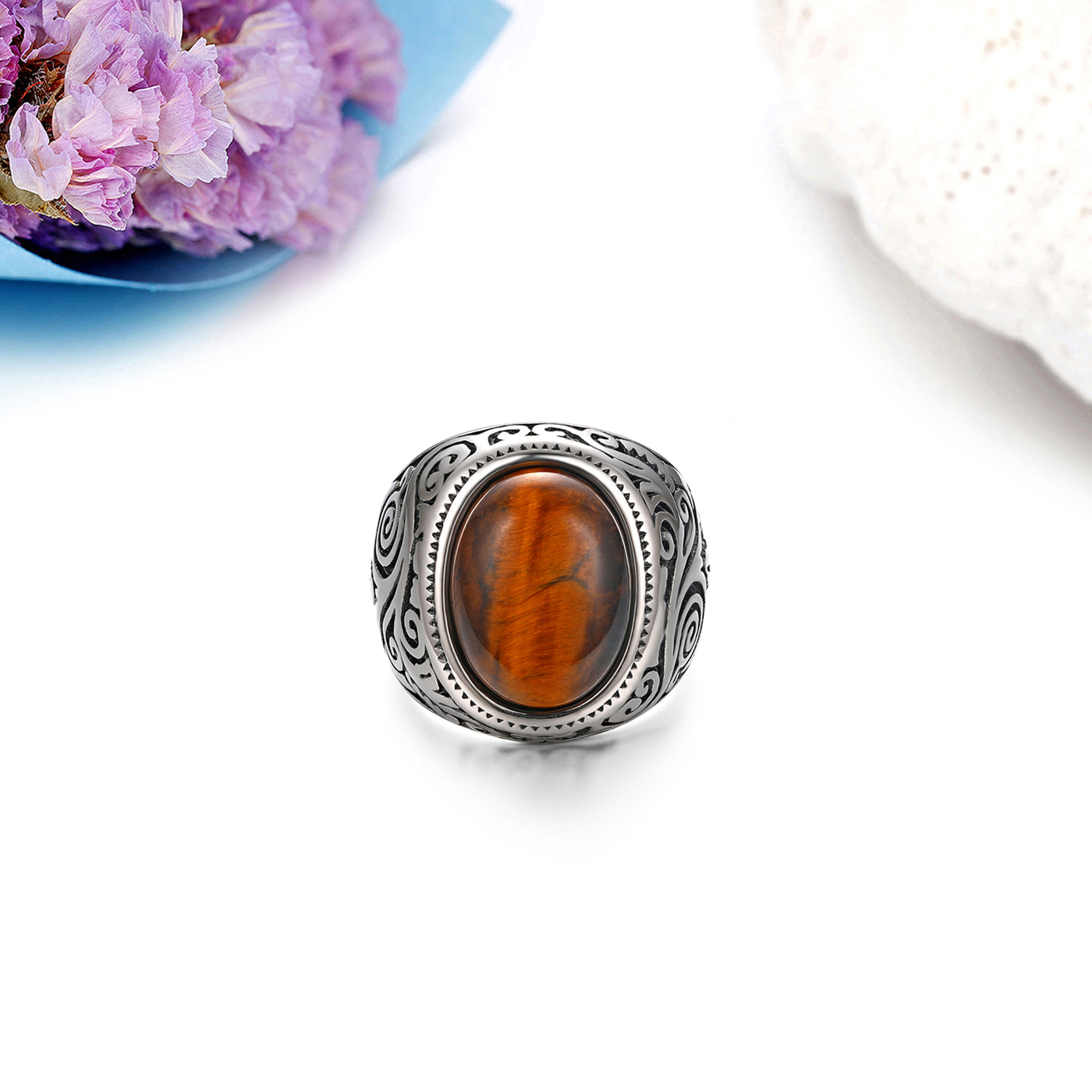 Classic Mens Ring Tiger Eye Natural Stone Stainless Steel Ring Mens Jewelry