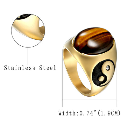 Classic Mens Ring Tiger Eye Natural Stone Stainless Steel Ring Mens Jewelry